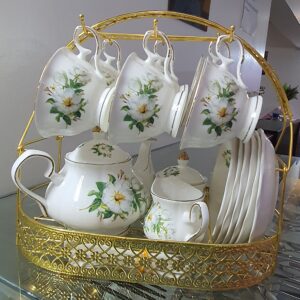 HIGH TEA SET (KETTLE,MILK PITCHER,SUGAR DISH,CERAMIC TEA SPOON,TEA CUPS & SAUCERS)